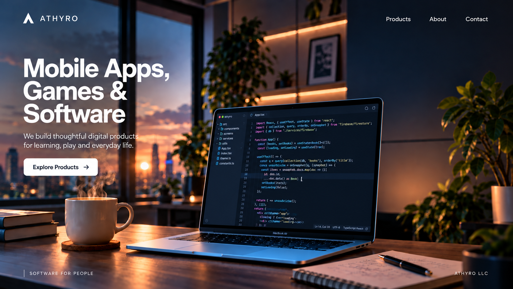 Athyro software development workspace at sunset